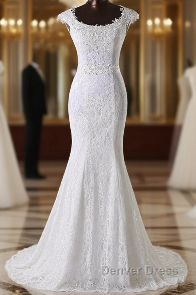 Elegant Jewel Long Lace Mermaid Wedding Gowns With Appliques