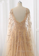 Elegant Jewel Long Sleevess Ruffle Prom Dresses with Beadings On Sale