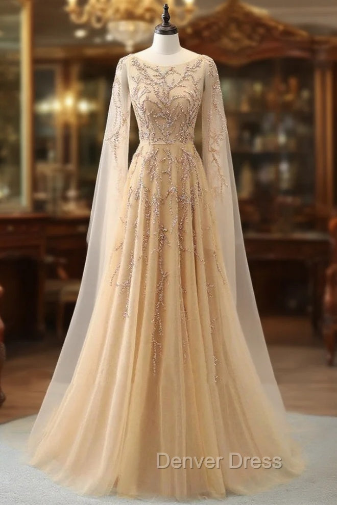 Elegant Jewel Long Sleevess Ruffle Prom Dresses with Beadings On Sale Main image