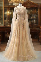 Elegant Jewel Long Sleevess Ruffle Prom Dresses with Beadings On Sale