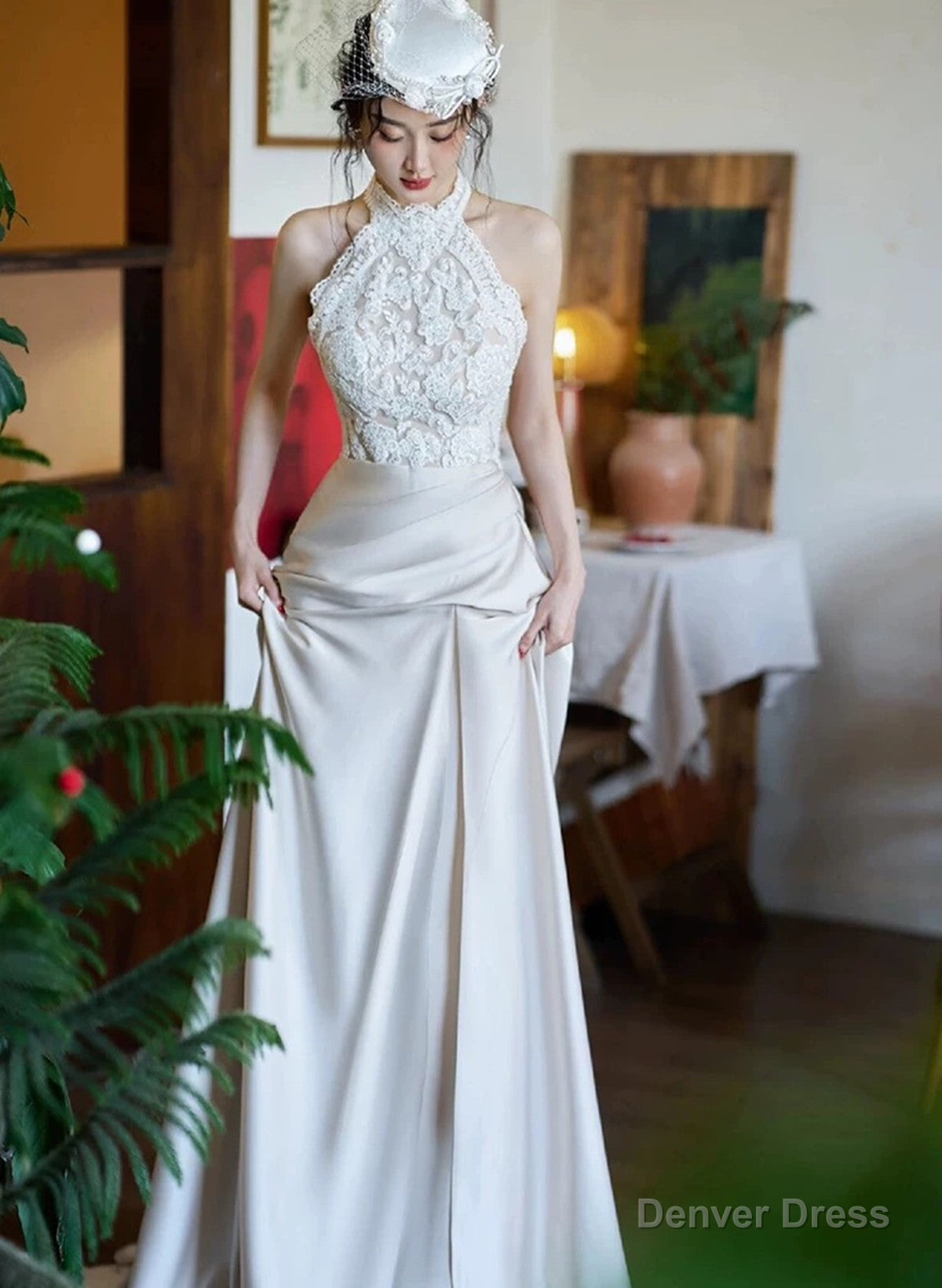 Elegant Lace and Satin Halter Long Wedding Prom Dresses, Long Prom Gown Main image