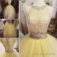 Elegant Lace Crop Top Pink Tulle Ball Gown Quinceanera Dresses Two Piece