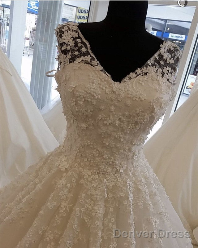 Elegant Lace Flowers Beaded V Neck Princess Wedding Dresses