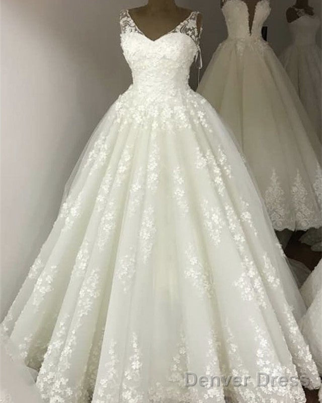 Elegant Lace Flowers Beaded V Neck Princess Wedding Dresses