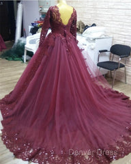 Elegant Lace Long Sleeves Prom Ball Gown Dresses
