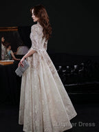 Elegant Lace Mid Sleeve Long Prom Dress, Champagne High Neck Prom Dresses