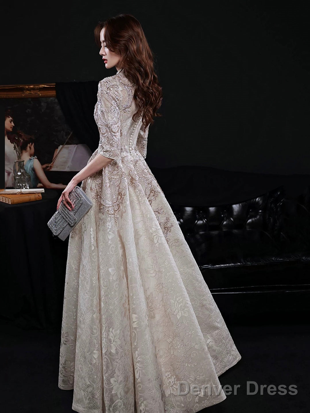 Elegant Lace Mid Sleeve Long Prom Dress, Champagne High Neck Prom Dresses