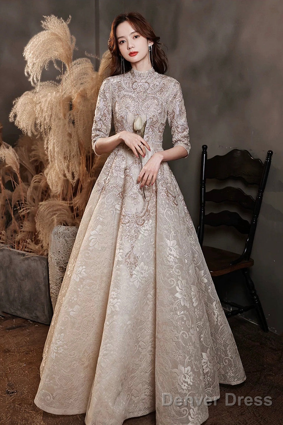 Elegant Lace Mid-Sleeve Long Formal Dress, Champagne High Neck Evening Party Dress Main image