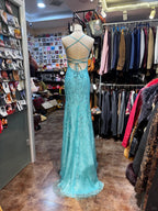 Elegant Lake Blue Mermaid Halter-Neck Lace Long Prom Dresses Evening Dresses