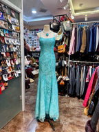 Elegant Lake Blue Mermaid Halter-Neck Lace Long Prom Dresses Evening Dresses