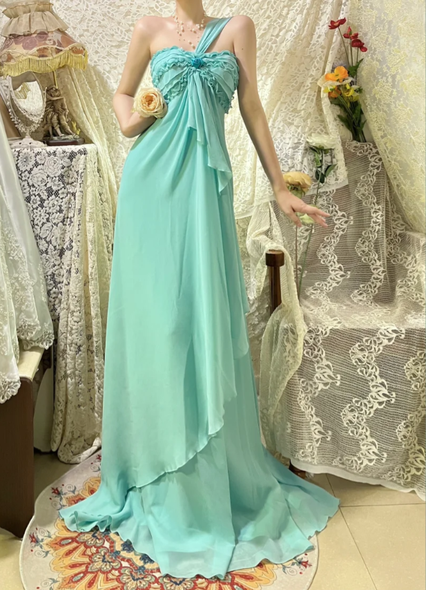 Elegant Lake Green One Shoulder Chiffon Off Shoulder Long Prom Dress