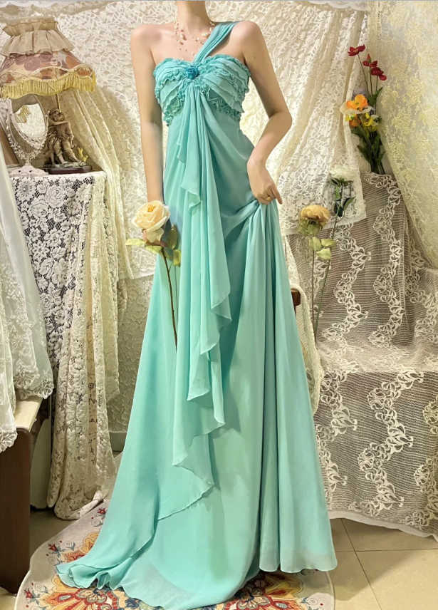 Elegant Lake Green One Shoulder Chiffon Off Shoulder Long Prom Dress Main image