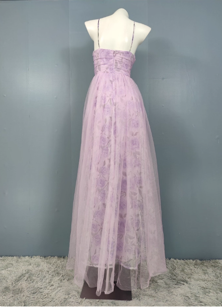 Elegant Lavender A-Line V-Neck Spaghetti Strap Tulle Long Prom Dresses Evening Dresses