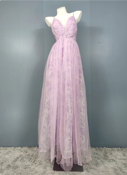 Elegant Lavender A-Line V-Neck Spaghetti Strap Tulle Long Prom Dresses Evening Dresses Main image