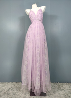 Elegant Lavender A-Line V-Neck Spaghetti Strap Tulle Long Prom Dresses Evening Dresses