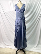 Elegant Layered Gradient Gray-Blue Slim-Fit V-Neck Ruffled Tiered Chiffon Long Prom Dresses Evening Dresses