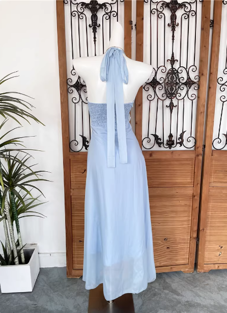 Elegant Light Blue A-Line Halter V-Neck 3D Floral Chiffon Long Prom Dresses Evening Dresses Secondary image