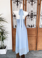 Elegant Light Blue A-Line Halter V-Neck 3D Floral Chiffon Long Prom Dresses Evening Dresses