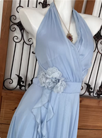Elegant Light Blue A-Line Halter V-Neck 3D Floral Chiffon Long Prom Dresses Evening Dresses