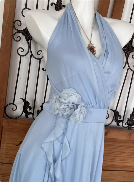 Elegant Light Blue A-Line Halter V-Neck 3D Floral Chiffon Long Prom Dresses Evening Dresses