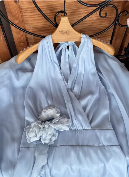 Elegant Light Blue A-Line Halter V-Neck 3D Floral Chiffon Long Prom Dresses Evening Dresses