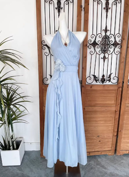 Elegant Light Blue A-Line Halter V-Neck 3D Floral Chiffon Long Prom Dresses Evening Dresses
