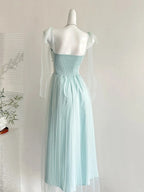 Elegant Light Blue A-Line Square Neck Tulle Long Prom Dresses Evening Dresses Bridesmaid Dresses