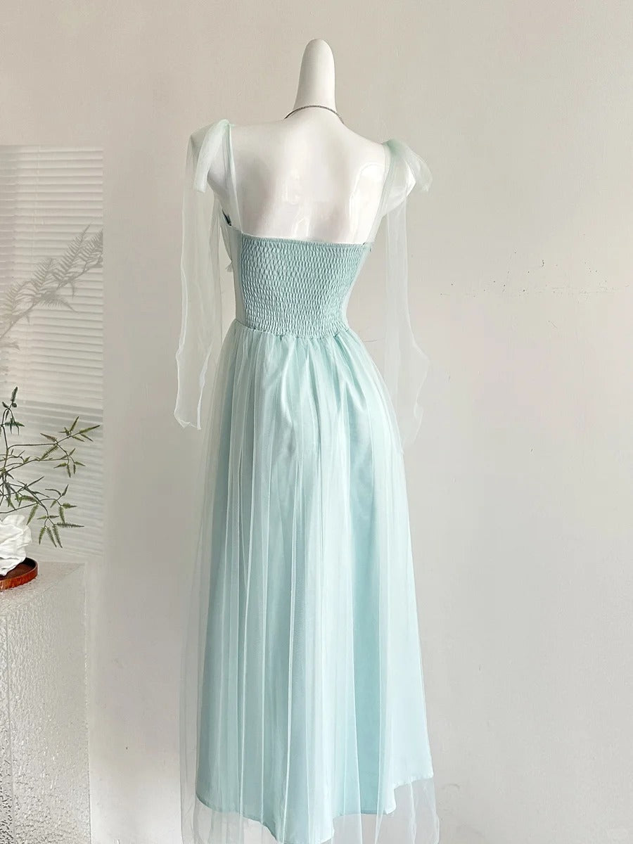 Elegant Light Blue A-Line Square Neck Tulle Long Prom Dresses Evening Dresses Bridesmaid Dresses