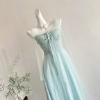 Elegant Light Blue A-Line Square Neck Tulle Long Prom Dresses Evening Dresses Bridesmaid Dresses