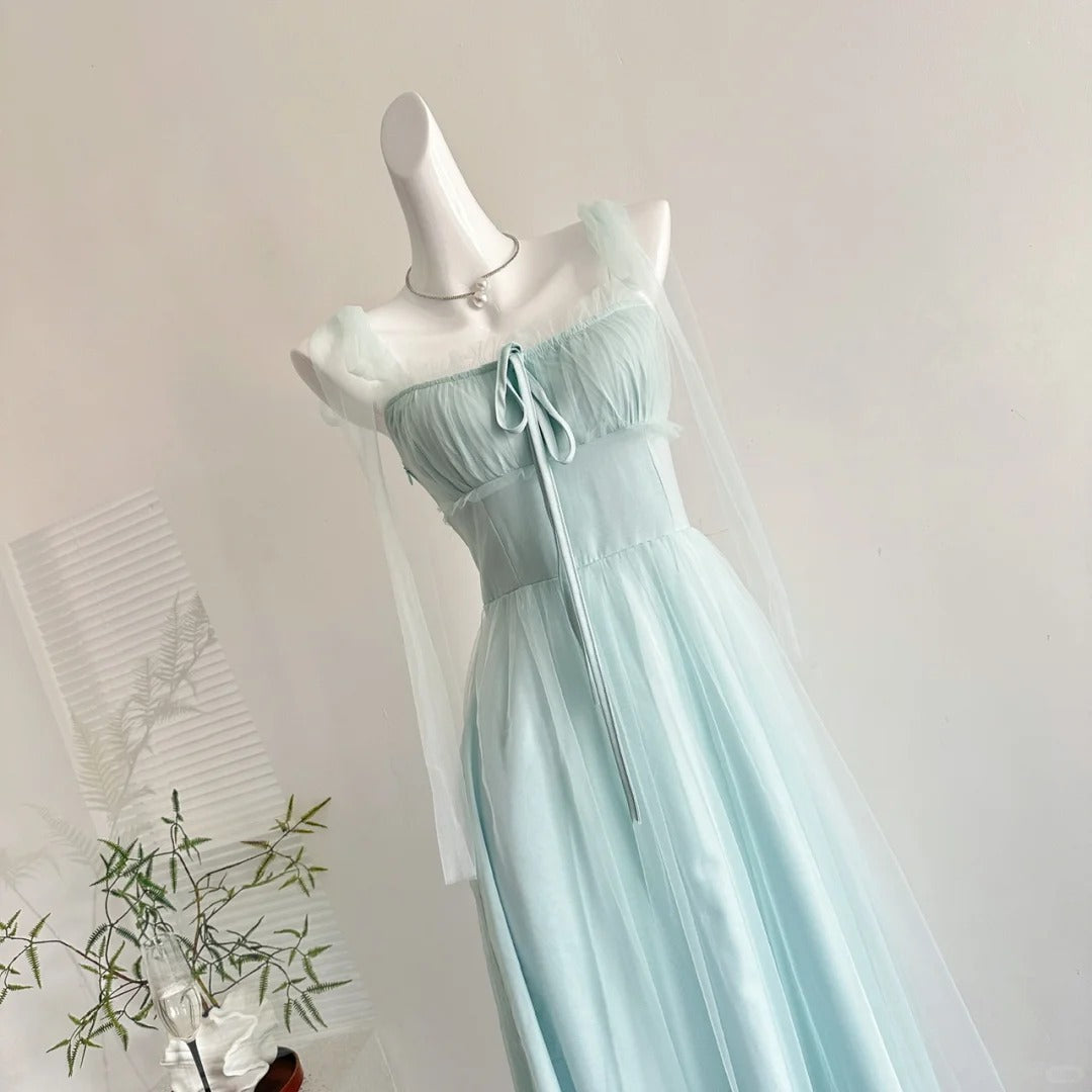 Elegant Light Blue A-Line Square Neck Tulle Long Prom Dresses Evening Dresses Bridesmaid Dresses