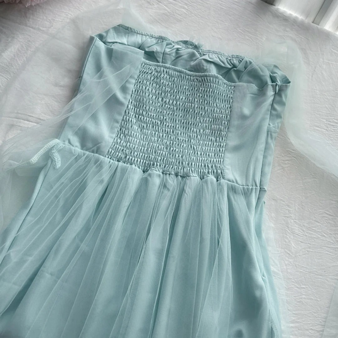 Elegant Light Blue A-Line Square Neck Tulle Long Prom Dresses Evening Dresses Bridesmaid Dresses