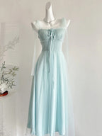 Elegant Light Blue A-Line Square Neck Tulle Long Prom Dresses Evening Dresses Bridesmaid Dresses