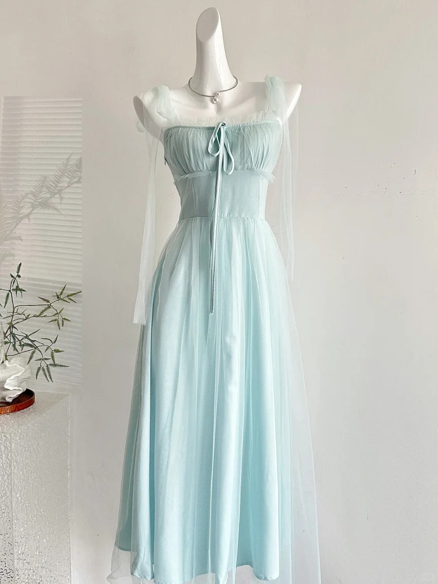 Elegant Light Blue A-Line Square Neck Tulle Long Prom Dresses Evening Dresses Bridesmaid Dresses
