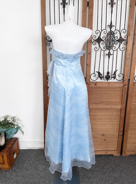 Elegant Light Blue A-Line Strapless Ruffled Tulle Long Prom Dresses Evening Dresses Secondary image