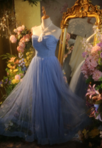 Elegant Light Blue A-Line Sweetheart Neckline Lace Tulle Long Prom Dresses Evening Dresses