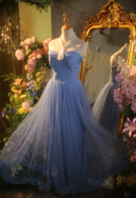 Elegant Light Blue A-Line Sweetheart Neckline Lace Tulle Long Prom Dresses Evening Dresses