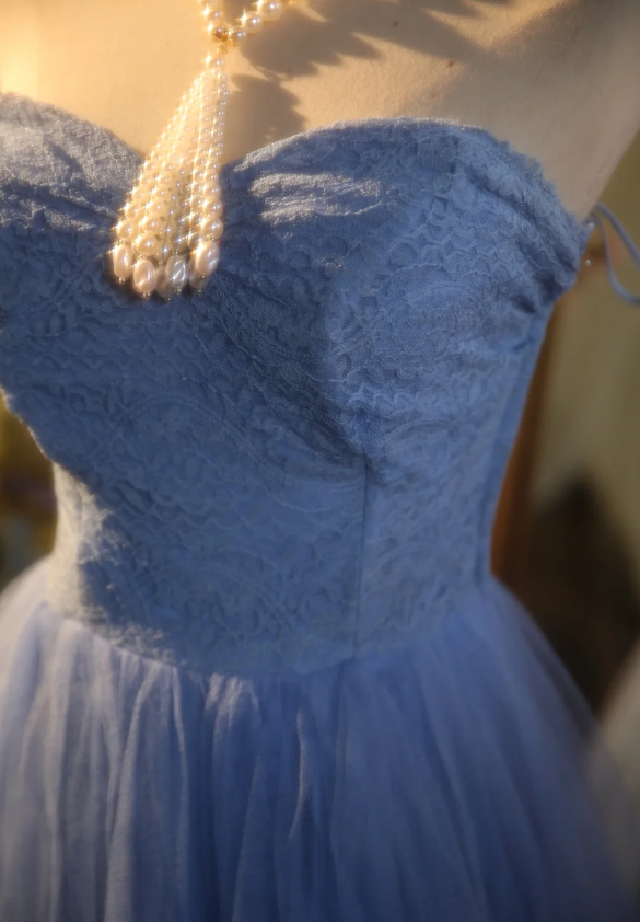 Elegant Light Blue A-Line Sweetheart Neckline Lace Tulle Long Prom Dresses Evening Dresses