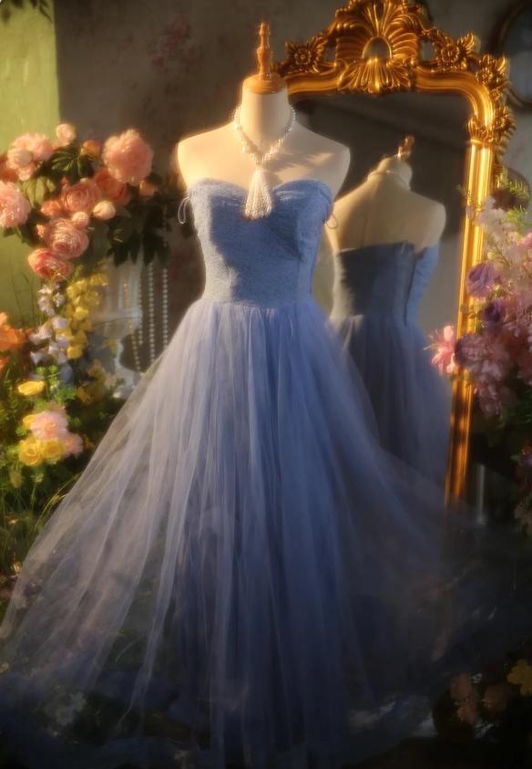 Elegant Light Blue A-Line Sweetheart Neckline Lace Tulle Long Prom Dresses Evening Dresses