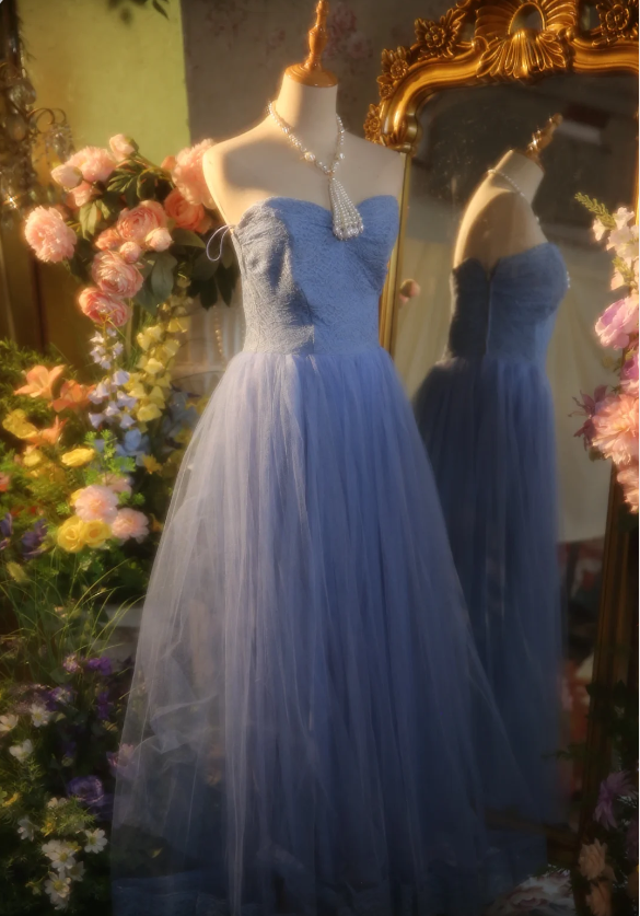 Elegant Light Blue A-Line Sweetheart Neckline Lace Tulle Long Prom Dresses Evening Dresses