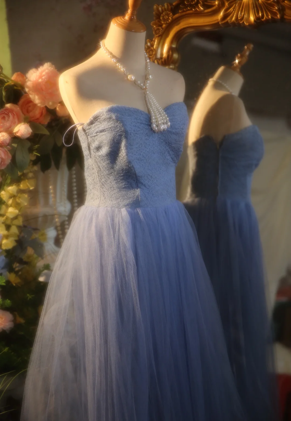 Elegant Light Blue A-Line Sweetheart Neckline Lace Tulle Long Prom Dresses Evening Dresses