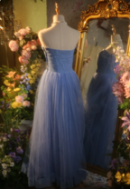 Elegant Light Blue A-Line Sweetheart Neckline Lace Tulle Long Prom Dresses Evening Dresses