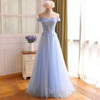 Elegant Light Blue Lace Applique Top Long Party Dresses, Off Shoulder Bridesmaid Dresses