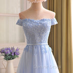 Elegant Light Blue Lace Applique Top Long Party Dresses, Off Shoulder Bridesmaid Dresses