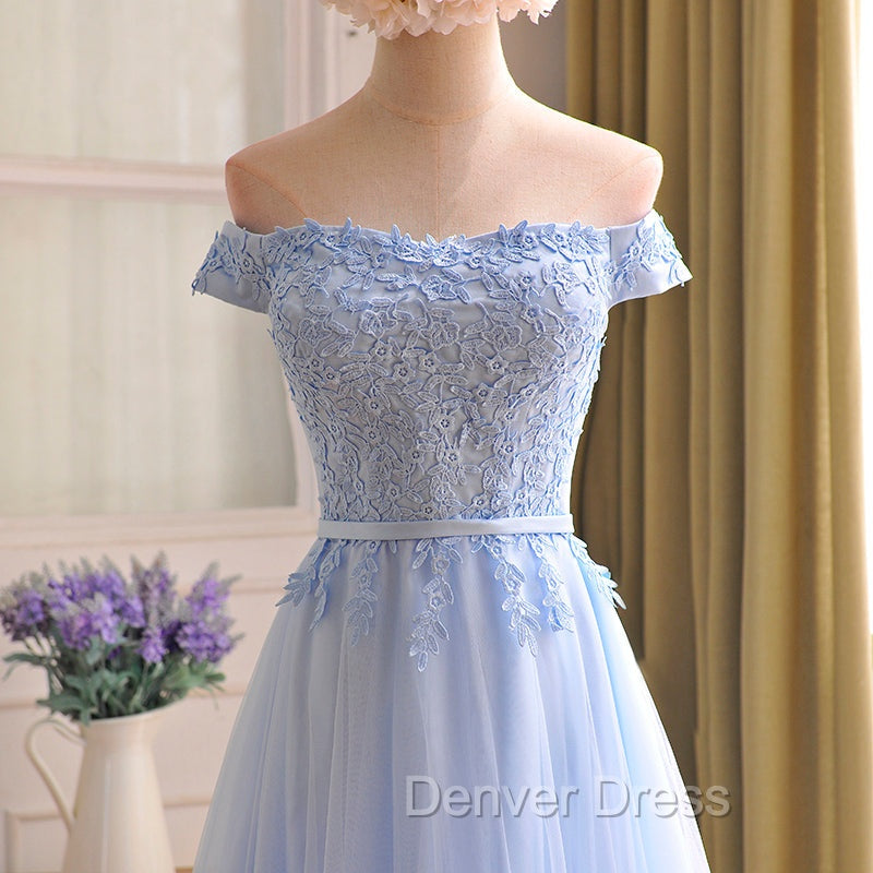 Elegant Light Blue Lace Applique Top Long Party Dresses, Off Shoulder Bridesmaid Dresses