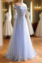 Elegant Light Blue Lace Applique Top Long Prom Dress, Off Shoulder Bridesmaid Dresses