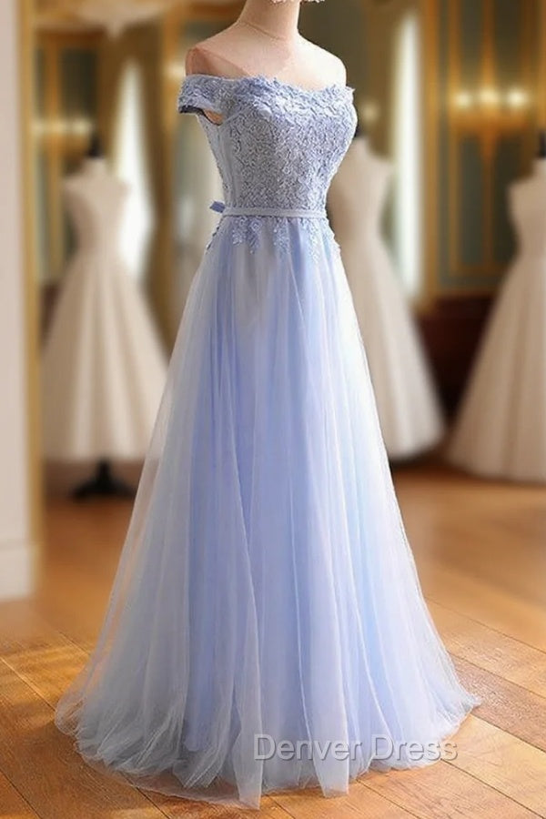 Elegant Light Blue Lace Applique Top Long Prom Dress, Off Shoulder Bridesmaid Dresses