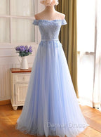 Elegant Light Blue Lace Applique Top Long Party Dresses, Off Shoulder Bridesmaid Dresses