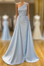 Elegant Light Blue One Shoulder Overskirt Soft pleated Prom Dresses