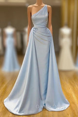 Elegant Light Blue One-shoulder Overskirt Soft-pleated Prom Dresses