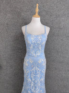 Elegant Light Blue Square Neck Spaghetti Strap Mermaid Sequin Tulle Long Prom Dresses Evening Dresses